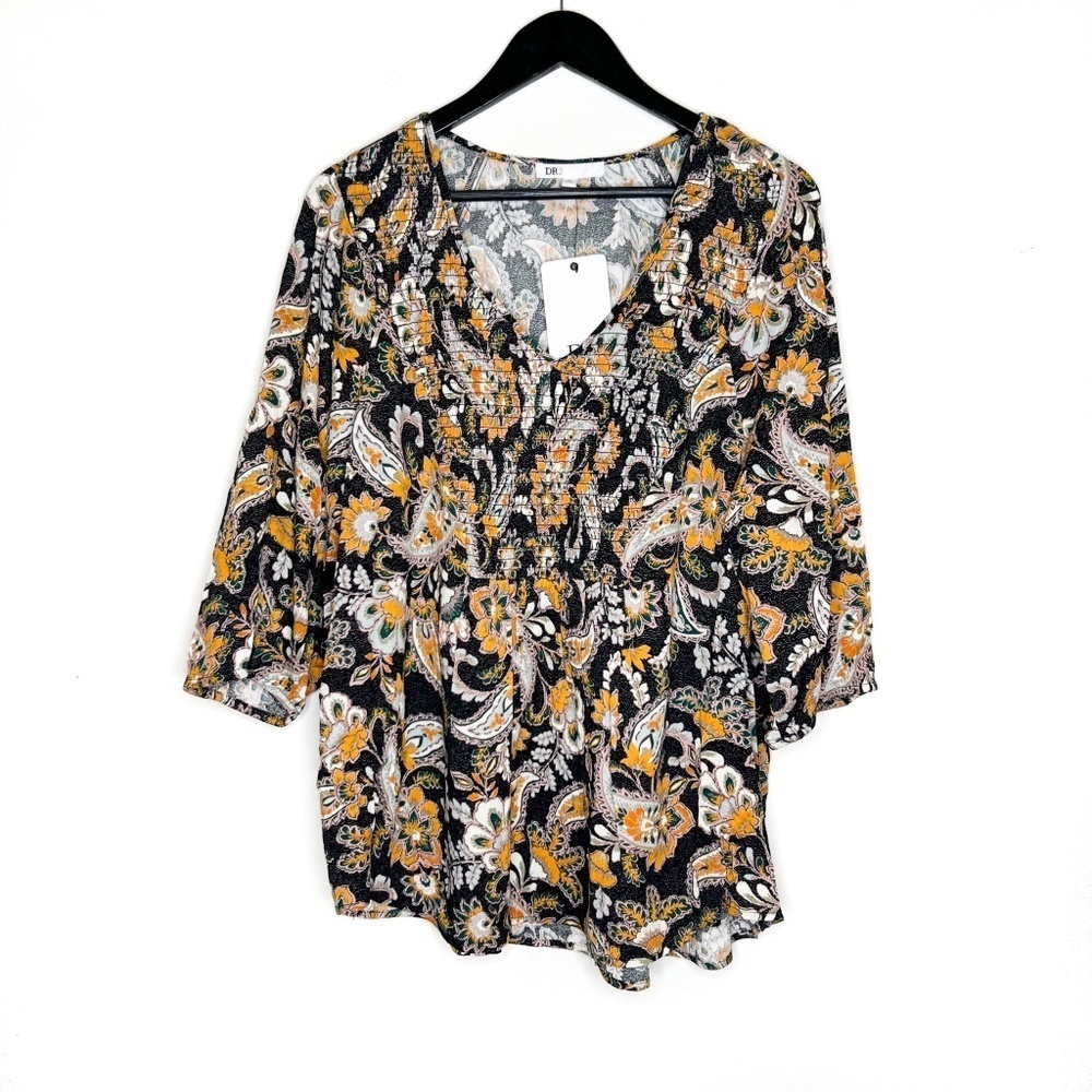 Daniel Rain Blouse DR2 Paisley Floral Top V Neck  3/4 Sleeve Multicolor Size 1X
